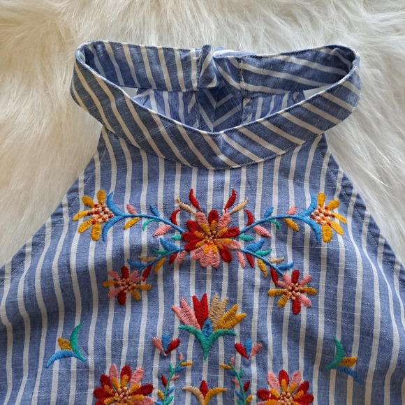 Savanna Jane Womens Top Size Small Blue White Striped Floral Embroidered Blouse - Picture 2 of 7